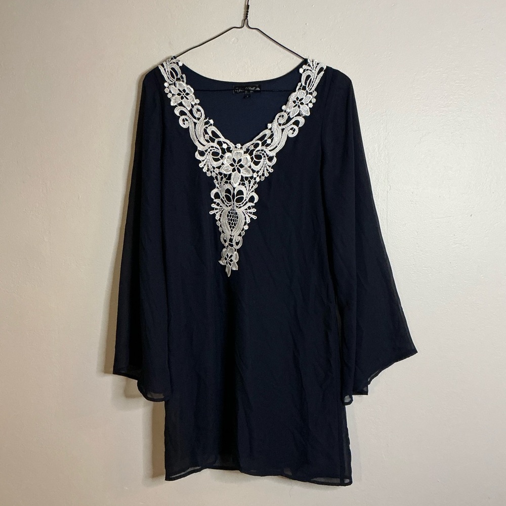 Navy blue long top or short dress with White Lace Accent